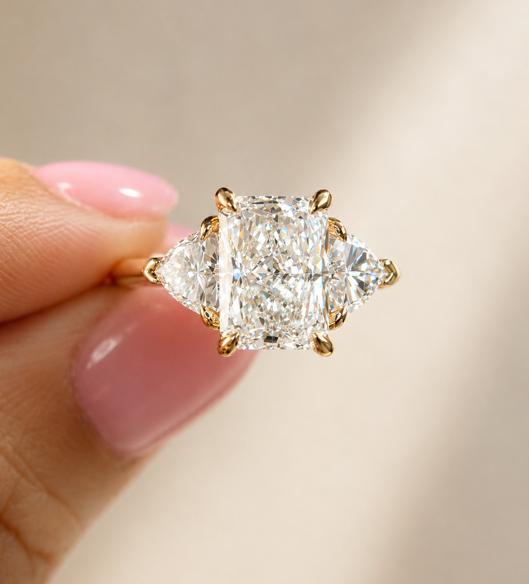 3.89 Carat Yellow Gold Radiant Cut Diamond  Three Stone Engagement Ring